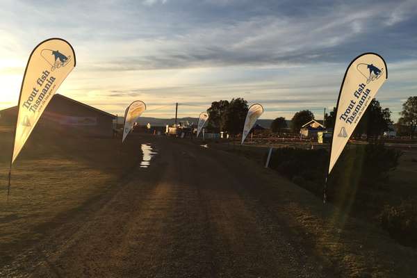 The entrance to the Inland Fisheries Service Liawenee Field Station as the sun rises, which is set up for Trout Weekend