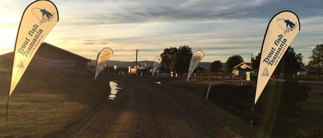 The entrance to the Inland Fisheries Service Liawenee Field Station as the sun rises, which is set up for Trout Weekend