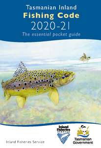 The front cover of the Tasmanian Inland Fishing Code 2020-21 with an illustration by local artist, Trevor Hawkins, of a brown trout.