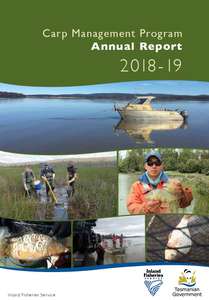 An image of the front cover of the Carp Management Program Annual Report 2018-19 showing a montage of images from activities during the year.