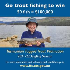 The Instagram image for the Tasmanian Tagged Trout Promotion in the 2021-22 angling season featuring 12 year old Fiona Batterham, member of the Westbury Angling Club who caught the 2020-21 tagged trout worth $10,000 from Lake Rowallan.