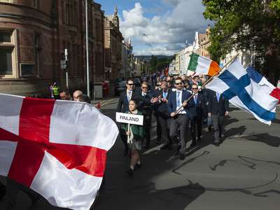 The 39th Fips Mouche World Fly Fishing Championship opening parade, looking back down the parade route of Cameron Street. Launceston and the twenty three participating teams.