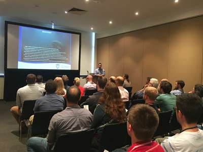 Carp Management Program Leader Jonah Yick presenting work on the management of carp in Lake Sorell at the ASFB conference.