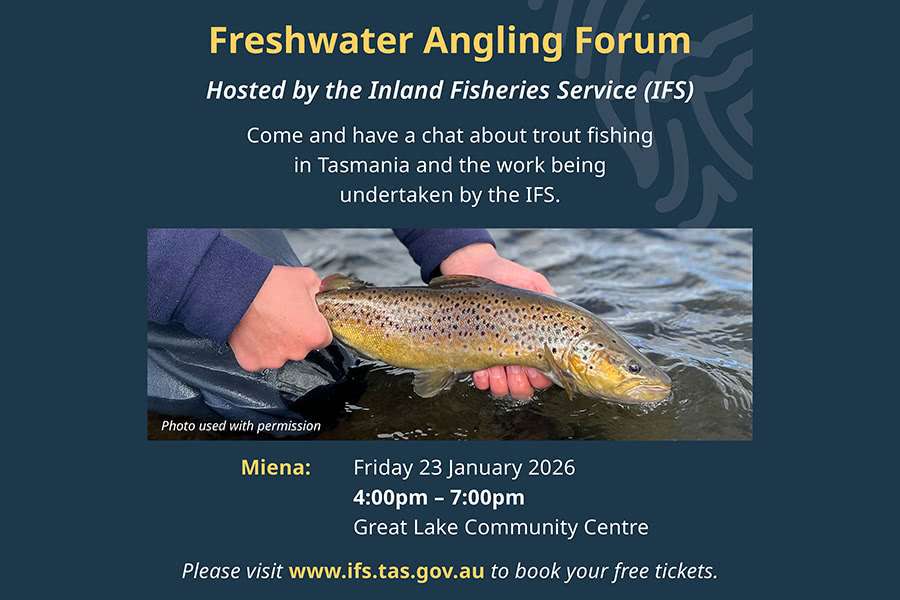 A photo of a man holding a brown trout with printed details of an event