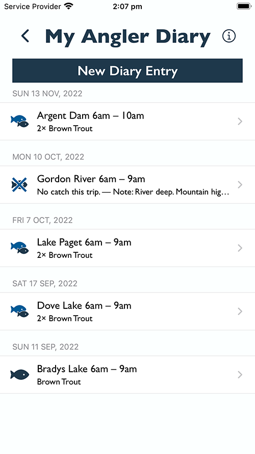 Screenshot of the Infish app angler diary screen